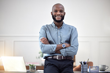 Image showing Smile, startup and portrait of black man entrepreneur in corporate company or agency office arms crossed. Professional, African and happy young person or employee ready for business development