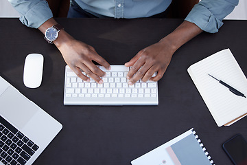 Image showing Typing, keyboard and business person hands above for web article, copywriting and planning newsletter at desk. Working, research and journalist, editor or man on computer for editing digital report