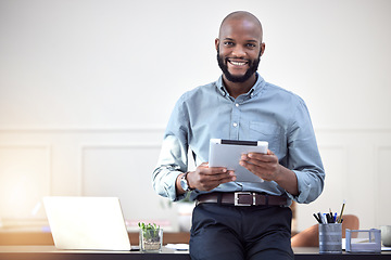 Image showing Tablet, portrait and happy business man in office for online management, social media and website planning. Professional employee or african person at startup company working on digital technology