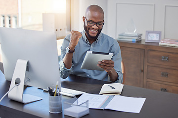 Image showing Winning, tablet and business man in success, bonus or online news, opportunity or celebration, cheers and sales. Fist, yes and happy african person or winner on digital tech, trading or investment