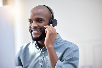 Image showing Computer, call center and business man, IT consultant or technical support agent talk, communication or advice. Helping, callcenter and solution of african person on desktop in information technology