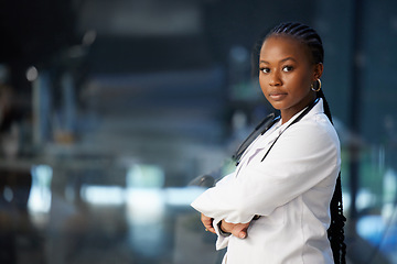 Image showing Mockup space, portrait of a black woman doctor and with stethoscope at a hospital. Healthcare or medical expert, surgeon or nurse and confident African female person at a clinic of her workplace