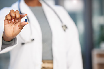 Image showing Medicine, pills and giving with hand of doctor for pharmacy, treatment and vitamins. Medical, healthcare and supplements with closeup of woman and antibiotics capsule for offer, wellness and helping