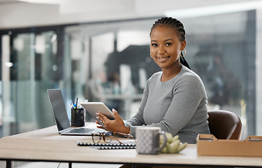 Image showing Tablet, office and portrait of business black woman online for research, internet and browse website. Corporate, professional and female worker on digital tech working on report, project and planning