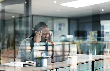 Image showing Business woman, headache and stress in office with anxiety and burnout from work deadline. Tech, fatigue and tired African female person at company with glass and worker feeling frustrated from fail