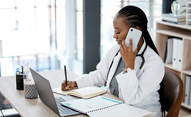 Image showing Phone call, doctor and black woman writing in notebook for planning, medical schedule and agenda. Healthcare, hospital office and female worker on smartphone for consulting, medicare service and help