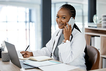 Image showing Hospital, doctor and portrait of black woman on a phone call for medical consulting, conversation and talking. Healthcare, clinic and female worker on smartphone for contact, medic service and help