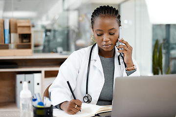 Image showing Phone call, doctor and black woman writing notes for medical planning, schedule and agenda. Healthcare, clinic and female worker talking on smartphone for consulting, medicare service and discussion