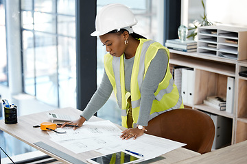 Image showing Architecture, planning and blueprint with black woman in office for engineering, illustration and project management. Buildings, designer and construction with contractor and graphic floor plans