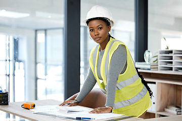 Image showing Architecture, planning and blueprint with portrait of black woman in office for engineering, illustration and project management. Buildings, designer and construction with contractor and floor plans