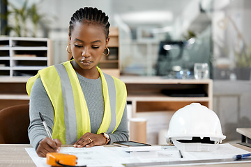 Image showing Architecture, writing and blueprint with black woman in office for engineering, illustration and project management. Buildings, designer and construction with contractor and graphic floor plans