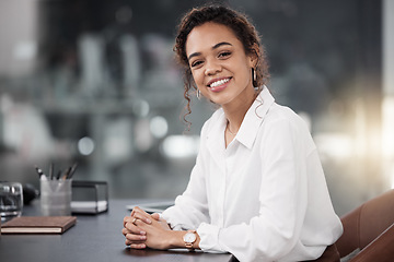 Image showing Professional woman, smile and confident in portrait, administration assistant at office with success and business mindset. Corporate female person in admin, career mission and ambition in workplace