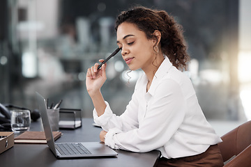 Image showing Business woman, laptop and thinking for strategy, planning or corporate decision on office desk. Female person or employee in wonder, choice or doubt on computer for project plan at the workplace