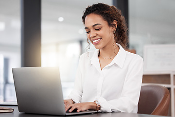 Image showing Office, happy and business woman on laptop for research project, online proposal and browse website. Thinking, corporate and female worker typing on computer for planning, internet and writing email