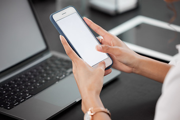 Image showing Hands, mockup and closeup of a woman with a phone networking on social media or mobile app. Technology, communication and female person browsing on the internet with cellphone with mock up space.