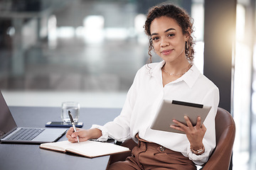 Image showing Tablet, woman and portrait of accountant taking notes in office and writing in notebook. Technology, face and African female entrepreneur, auditor or person from South Africa with pride for career.