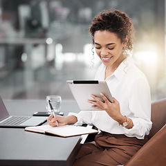 Image showing Tablet, business woman and accountant taking notes, smile and working on project. Technology, notebook and African female entrepreneur, auditor or person research for accounting, email and writing.