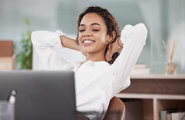 Image showing Laptop, relax and business woman in office resting after working on project, online proposal and report. Corporate workplace, professional and female worker complete, done and finish on computer