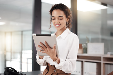 Image showing Tablet, business woman and accountant in office, smile and working on project. Technology, professional and African female entrepreneur, auditor or person research for accounting, email and web app.