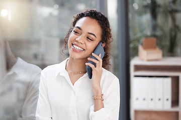 Image showing Phone call, happy and business woman in office talking, in discussion and conversation with smile. Communication, networking and female worker on smartphone speak for planning, contact and connection