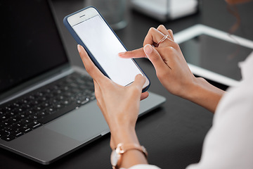 Image showing Hands, mock up and closeup of a businesswoman with a phone networking on social media or mobile app. Technology, communication and female person browsing on internet with cellphone with mockup space.