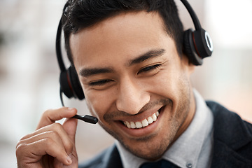 Image showing Call center, headset and conversation with business man in office for contact us, communication and customer service. Networking, crm and advice with employee for help desk and technical support