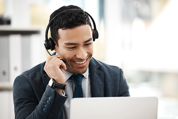 Image showing Call center, smile and consulting with business man in office for contact us, communication and customer service. Networking, technology and advice with employee for help desk and technical support