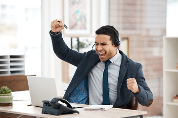 Image showing Excited businessman, fist and telemarketing success with celebration and work promotion email. Male worker, win and good news on laptop in office with motivation at call center job with cheering