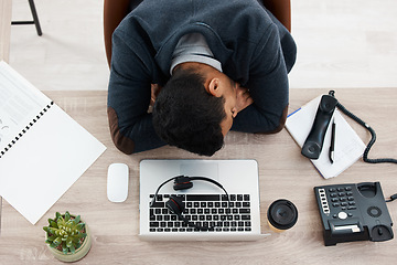 Image showing Sleeping, business man and call center work from above with fatigue in office. Telemarketing, contact us and phone consultation worker feeling tired and overworked at company with deadline and sleep