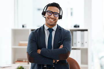 Image showing Call center, arms crossed and portrait of business man in office for consulting, customer service and help desk. Smile, professional with male employee for contact us, communication and advice