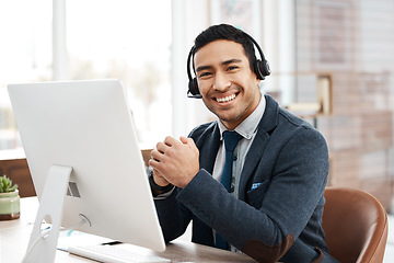 Image showing Business man, call center and happy face with telemarketing and phone consultation work. Support, contact us and male worker by a computer for consultant and customer service in a office with tech