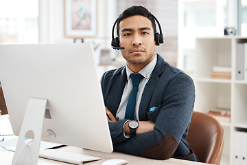 Image showing Business man, call center and serious face with telemarketing and phone consultation work. Support, contact us and male worker by a computer for consultant and customer service in a office with tech