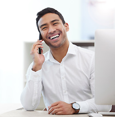 Image showing Happy, phone call and business man in office for networking, communication and contact. Technology, corporate and connection with male employee for conversation, entrepreneur and discussion