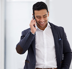 Image showing Smile, phone call and business man in office for networking, communication and contact. Technology, corporate and connection with male employee for conversation, entrepreneur and discussion