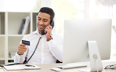 Image showing Business, phone call and man with a credit card, payment and speaking with ecommerce, banking and confirm transaction. Male person, happy employee and guy with a telephone, finance and investment