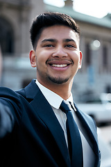 Image showing Portrait, lawyer and selfie of business man in city, smile and taking photo for social media in urban street. Face, smile and profile picture of professional, entrepreneur or male attorney from India