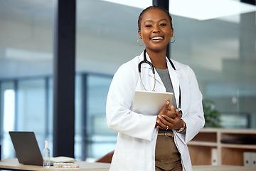 Image showing Portrait, doctor and black woman with a tablet, smile and connection with innovation, network and happiness. Face, female person and medical professional with technology, healthcare and happiness