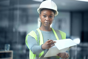 Image showing Portrait, engineer and checklist for construction or building inspection, survey and checking logistics on project. Black woman, working on clipboard and contractor writing on paper and document