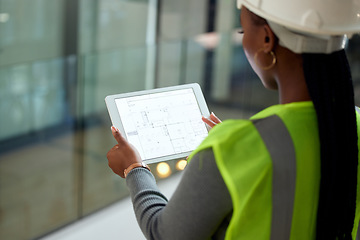 Image showing Woman engineer, tablet and architect floor plan on engineering app with illustration or blueprint. Back of african female contractor on tech for construction design, development or planning on screen