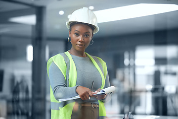 Image showing Architect, portrait and checklist for construction or building inspection, survey and checking logistics on project. Black woman, working on clipboard and contractor writing on paper and document