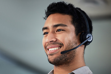 Image showing Call center, smile and business man, telemarketing and customer service in office. Crm, contact us and Asian male sales agent, consultant and employee work on help desk, support and listening mockup.