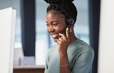 Image showing Call center, customer service and contact us with a black woman consultant working in her office at night. Support, crm and consulting with a happy young female employee at work in telemarketing