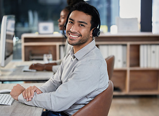 Image showing Portrait, consultant and man with telemarketing, customer service and connection with advice, help or smile. Face, male person and employee with headphones, consulting and agent with tech support