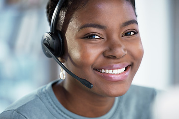 Image showing Call center, face and black woman smile for telemarketing, customer service and support in office. Portrait, contact us and African female sales agent, crm consultant and happy employee from Nigeria.