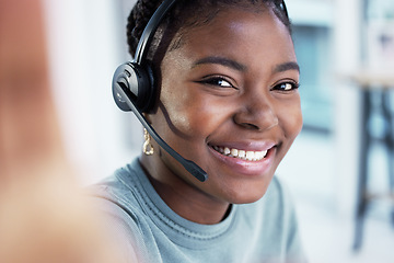 Image showing Selfie, face and black woman in call center, smile and telemarketing for customer service or support in office. Portrait, contact us and African female sales agent taking professional profile picture