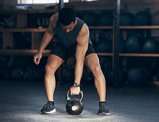 Image showing Exercise, kettlebell and man with fitness, workout goal and training with wellness, health and progress. Male person, guy and athlete with gym equipment, strong and sports with energy and challenge