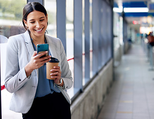 Image showing Business woman on coffee break, smartphone and contact with communication and smile at meme on social media. Happy female worker, travel and online mobile chat with space and relax with drink