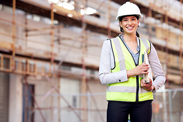 Image showing Portrait, engineer and woman with construction, business and smile with inspection, vest and helmet. Face, female person or employee with safety, documents and builder with a hard hat or architecture