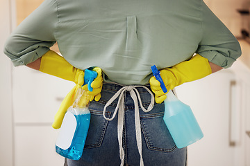 Image showing Spray bottle, cleaning and hands of woman ready for hygiene, housework and chores at home. Housework, housekeeping and back of cleaner or maid with detergent, chemical and antibacterial products