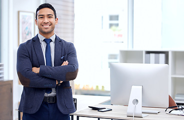 Image showing Corporate, arms crossed and portrait of business man in office for happy, professional and pride. Happiness, smile and entrepreneur with male employee for mission, natural and management